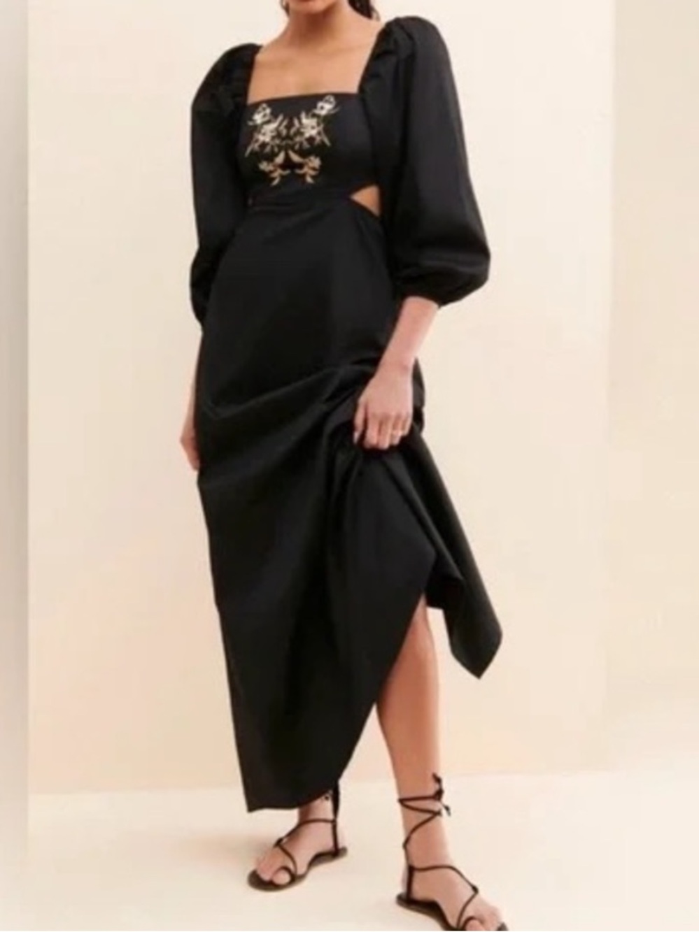 Especia Anthro womans Black Puff-Sleeve embroidered Maxi Dress size M